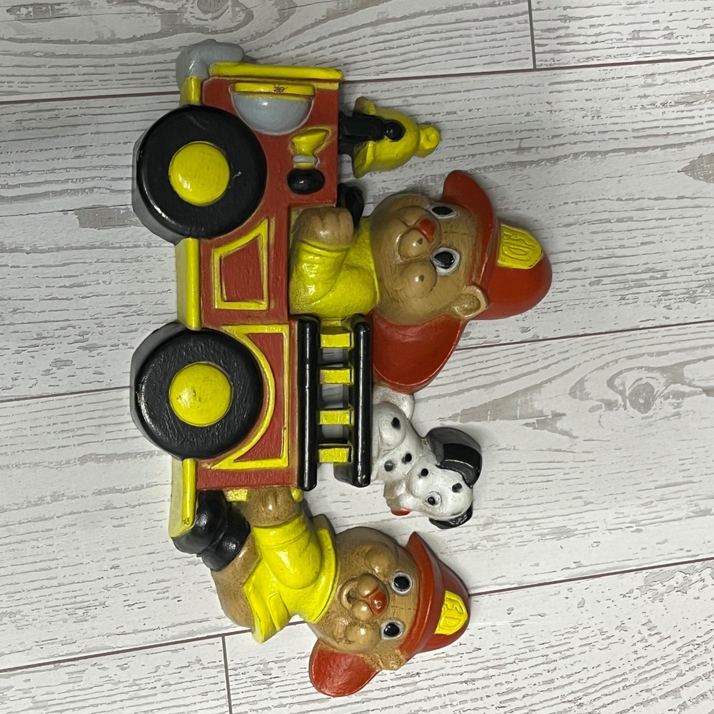 VTG Miller Studio Firefighter Bears Fire Truck Wall Plaque Kitch 80s Nursery